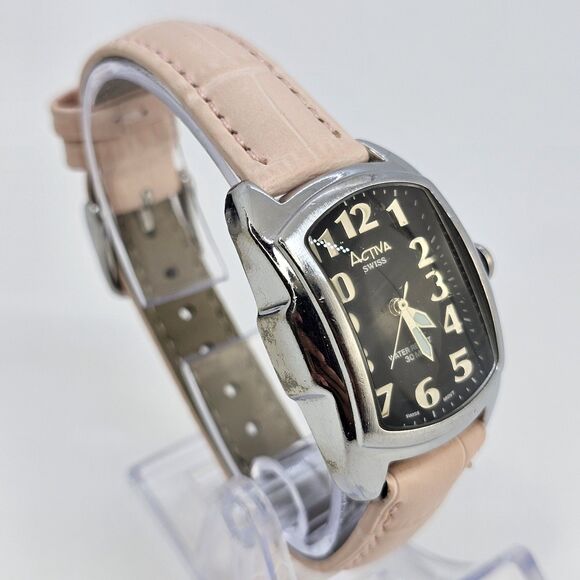 Activa Swiss Women\'s Watch 28MM Black Dial New Pink‎ Leather Bands New Battery main image 5